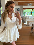 MQTIME  -  Flower Embroidery Hollow Out A-line Dress Women Slim V-neck Long Sleeve High Waist Dresses Elegant Summer Vacation Party Robe