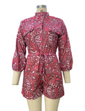 MQTIME  -  Women Summer Long Sleeve Playsuit with Waist Elastic Band Casual Stand Collar Pocket Loose Wide Leg Short Jumpsuit