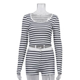 MQTIME  -  Women Casual Striped 2 Piece-Set Shorts Long Sleeve Crop Top High Waist Shorts Streetwear Fashion Outfits Female Sets New