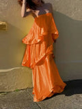 MQTIME  -  Summer Leisure Vacation Long Dress Elegant Sling Layered Satin Party Dress New Ladies Sleeveless Hollow Beach Maxi Dresses