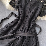 MQTIME  -  Summer New Mid Length Dress Women Dresses A Line Vestidos Hollow Out Round Neck Short Sleeve Single Breasted Elegant High Waist