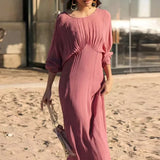 MQTIME  -  Fashion Solid Color Long Sleeve Pleat Dress Elegant O Neck Loose Beach Dress Summer New Simple Backless Women's Commuting Dress