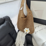 MQTIME  -  Women Knitted Shoulder Bag Fashion Tote Handbag Lightweight Handwoven Hobo Bag with Flower Decor Crochet Tote Bag Straw Hobo Bag