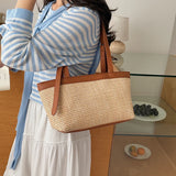  MQTIME  -  Women's Khaki Straw Weave Leather Patchwork Tote Bag Vacation Casual Aesthetic Beach Daily Shoulder Handbag Summer Trend