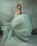 MQTIME  -  Mint Pregnant Dress To Photography Puff Sleeves Separate A-line Long Maternity Dresses Soft Tulle Floral Women Prom Gowns