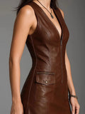 MQTIME  -  Leisure Hollow Out Commute Dress Vintage PU Leather Sleeveless Slim Mini Dress Sexy V-neck Backless High Waist Party Short Dress