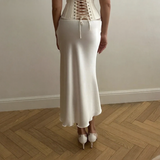 MQTIME  -  Retro Elegant Lace Patchwork Basic Satin Skirts Simple White Pure Desire Slim Down Fishtail Midi Skirt Female Clothing
