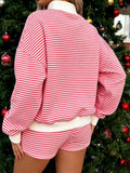  MQTIME  -  Women s Cozy Striped Lounge Set with Relaxed Fit Crew Neck Top and Matching Shorts - 2 Piece Casual Outfit for Stylish Comfort
