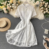 MQTIME  -  Summer New Mid Length Dress Women Dresses A Line Vestidos Hollow Out Round Neck Short Sleeve Single Breasted Elegant High Waist