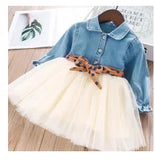 MQTIME  -  Spring Autumn Girls Dress Korean Version Denim Stitching Mesh Dress + Detachable Polka Dot Belt Suit Dress