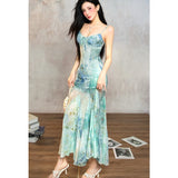 MQTIME  -  Summer Women's Suspender Dress Sleeveless Holiday Romantic Sexy Oil Painting Halo Dyed Fishtail Skirt Irregular Camisole Dress