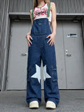  MQTIME  -  Retro Casual Star Denim Overalls Straight Jeans Jumpsuits Trousers High Waist Loose Wide-leg Rompers Jumpsuits for Women