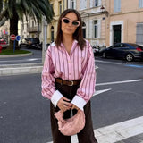 MQTIME  -  Vintage Pink Striped Women Casual Single Breasted Shirts Loose Turn-down Collar Shirt Fashion Spring Female Shirts