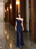 MQTIME  -  Mesh Navy Glitter Off Shoulder Mermaid Maxi Dress Women Ruched Bodycon Summer Sheer Elegant Slash Neck Long Evening Party Gown