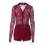 ﻿ MQTIME  -  Autumn Women See Through Lace 2 Piece Set Turn Down Collar Long Sleeve Single Breasted Shirt Cardigan Top + Shorts Suit