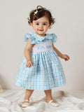 MQTIME  -  Girls Floral Print Ruffle Sleeve Round Neck A-line Dress Casual Summer Dress with Embroidered Details and Plaid Pattern