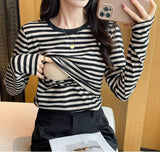 Mqtime Purple Black Autumn Long Sleeve Maternity O-Neck Nursing Top Breastfeeding Striped Shirt Postpartum Woman Zip Fly Lactation Tees