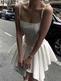 MQTIME  -  Elegant White Pearl Spaghetti Strap Mini Dress Asymmetrical Pleated Birthday Dress For Women Summer Fashion Ladies Dresses
