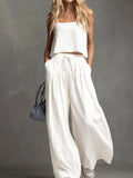 MQTIME  -  Spring and Summer Women's Solid Color Casual Cotton and Linen Suspender Top Wide Leg Pants Set