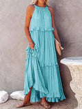 MQTIME  -  Women Boho Solid Color Dress Sleeveless Ruffled Maxi Vestidos Loose Fit Straight Hippie Dresses Layered Princess Robe