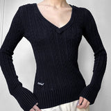 MQTIME  -  American Simple Color Contrast Letter Embroidery V-neck Slim Fitting Fried Dough Twists Sweater Spicy Girl Retro College Top