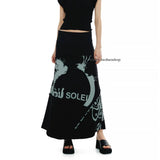 Mqtime Y2K Vintage Letter Printed Casual A-line Skirt Women Summer New Streetwear Sexy Slim Asymmetric Stitching Mid-length Skirt