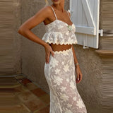 MQTIME  -  Lace embroidery fresh and sweet perspective vacation style set summer casual camisole top and long skirt two-piece set