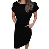 MQTIME  -  Summer Women Versatile Dress With Belt Casual Short Sleeve Round Neck Fashionable Dress Outfits Holiday Midi Sundress Vestidos