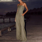 MQTIME  -  Simple Solid Loose Playsuit Casual Women Strapless High Waist Wide Leg Romper New Summer Off Shoulder Pocket Commuting Jumpsuit