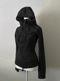 MQTIME  -  Black Double Zipper Cotton Hoodies Women's Clothes Slim Waist Hooded Vintage Y2k Coat Casual Fashion 2024 Simplicity Sweatshirts