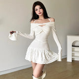 MQTIME  -  Spicy Girl Sexy Short Dress Women Spring Summer Hollowed Out Off Shoulder Pleated Dress Slim Waist Wrapped Hip White Dress