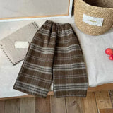  MQTIME  -  Kids Girl Woolen Pant Thicken Warm Toddler Girl Plaid Straight Pant Winter Retro Elastic Waist Infant Girl Wide Leg Pant