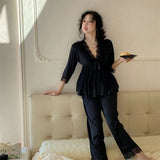 MQTIME  -  Spring New Lace Pajamas Suit Princess Style Nightwear  Rayon Stain Solid Long Sleeve Deep V-Neck Home Clothes