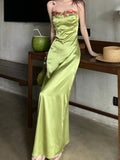 MQTIME  -  Sexy Designer Summer Green Satin Holiday Long Dress French Women Spaghetti Strap Embroidery Flower Backless Slim Robe 2025