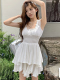 MQTIME  -  Y2K Irreguar Cake Dress White Short Dresses for Women Sleeveless Ruffles A-line Korean Fashion Casual Summer Mini Vestidos Mujer