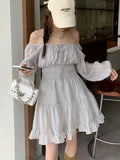 MQTIME  -  Women 2024 Summer New Gray Elegant Ruffles Lace-up Pleated Mini Dress French High Waist Long Sleeves Vacation Short Dress Simple