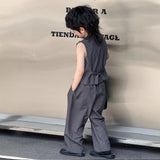 MQTIME  -  Boys' Suit Spring/summer New Childrens Clothes Boys Baby Grey Striped Vest Trousers Gradient Corsage Three-piece Set