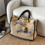  MQTIME  -  Women Large Capacity Hand Woven Straw Tote Bag Top Handles Simple Letter Embroidery Summer Beach Travel Shopping Handbag