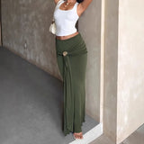 MQTIME  -  Army Green Soft Maxi Skirts Women Low Waist Ruched Waist Metal Circle Buckle Long Drape Sash Slim Wide Leg Floor Length Skirts