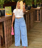 MQTIME  - Streetwear Fashion Cargo Jeans Wide Leg Pants Women Multi Pockets High Waist Button Fly Loose Casual Denim Trousers Bottoms