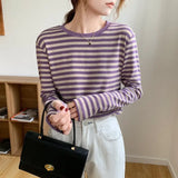 Mqtime Purple Black Autumn Long Sleeve Maternity O-Neck Nursing Top Breastfeeding Striped Shirt Postpartum Woman Zip Fly Lactation Tees