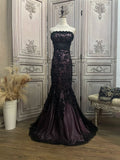 MQTIME  -  Vintage Black Purple Evening Dresses Embroidery Lace Applique Floor Length Sleeveless Gothic Fishtail Mermaid Wedding Gown