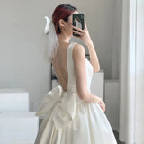 MQTIME  -  Luxury Women's Formal Dress Summer New White Elegant Satin Wedding Gown Sexy Backless Bow Slim Celebrity Midi Party Vestido 991P