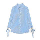  MQTIME  -  Women Orange White Vertical Stripe Shirt Lapel Collar Long Sleeve Cuff Tie Loose Pocket Front Shirts Lady Oversize Casual Blouse