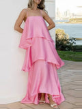 MQTIME  -  Summer Leisure Vacation Long Dress Elegant Sling Layered Satin Party Dress New Ladies Sleeveless Hollow Beach Maxi Dresses