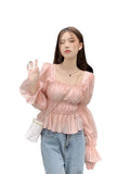MQTIME  -  Korean Style Square Necked Bubble Sleeved Shirt for Women, New Design, Slim Waist, Short Top, Autumn