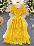 MQTIME  -  Summer Elegant Hollow Out Embroidery Lace Long Dresses Women Holiday Short Sleeve Flower Retro Evening Party Female Vestidos