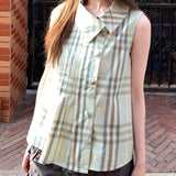  MQTIME  -  Preppy Japanese Turn Down Collar Sleeveless Single Breasted Plaid Women Shirt