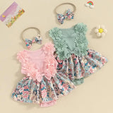 MQTIME  -  New Girl's Pit Strip Lace Splicing Flower Full Printed Flying Sleeve Jumpsuit Princess Style Cartoon Cute Climbing Dress