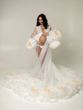 MQTIME  -  Elegant White Maternity Wedding Dress Giant Organza Flowers for Pregnancy Photoshoot Luxury Bridal Gown, Long Train Plus Size